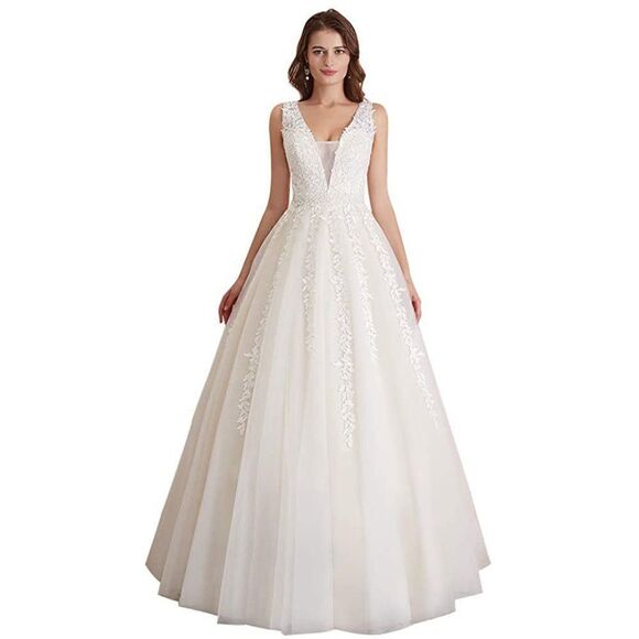 Wedding Dress Ivory Bride Lace Applique Evening Dress V Neck Straps Ball Gown - Picture 1 of 16